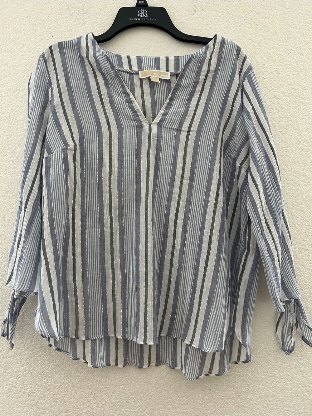 MICHAEL Michael Kors Blue and White Vertical Stripe V-Neck Blouse